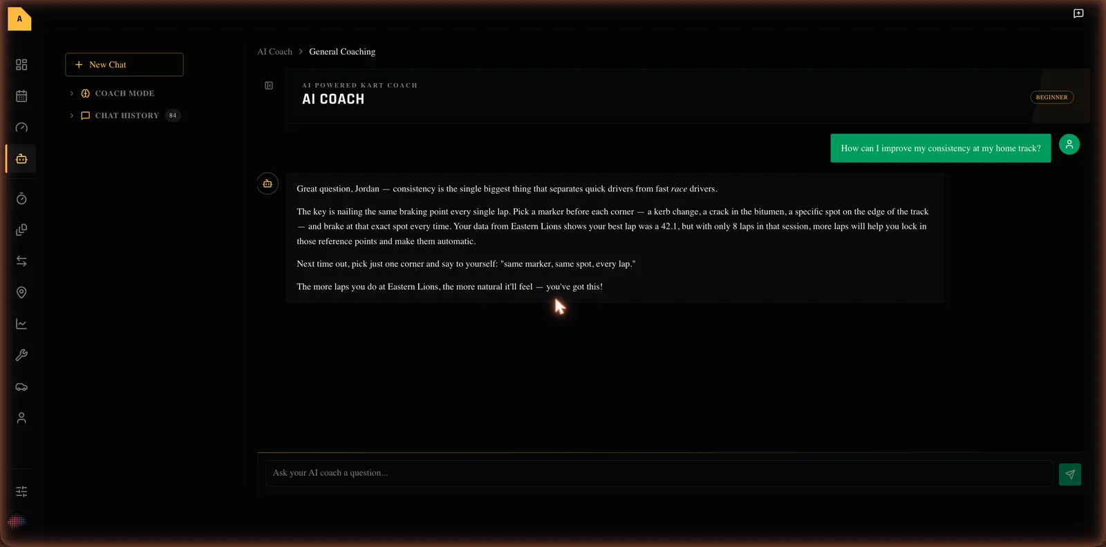 An AI Coach conversation: a question and the coach's streamed reply, grounded in the driver's own session data.