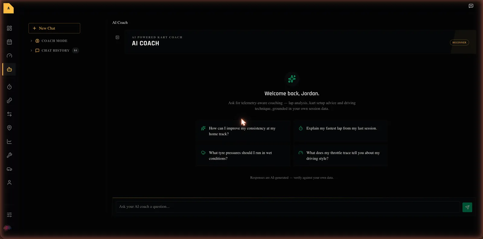 The AI Coach welcome screen with the greeting and the four starter prompts.