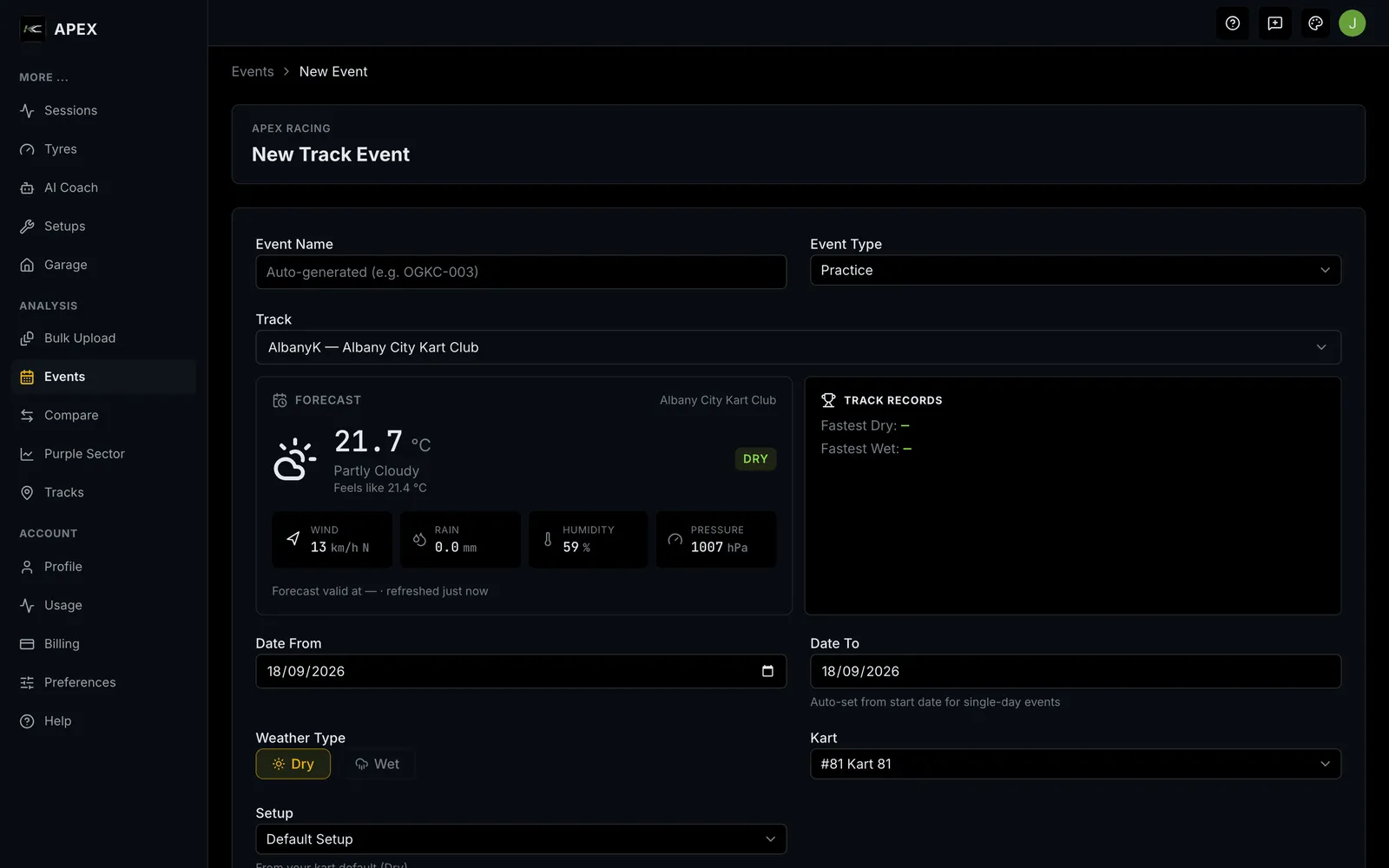 The New Track Event form with the event name, type and track fields, the auto-resolved weather forecast and track records, the date range, weather type and kart.
