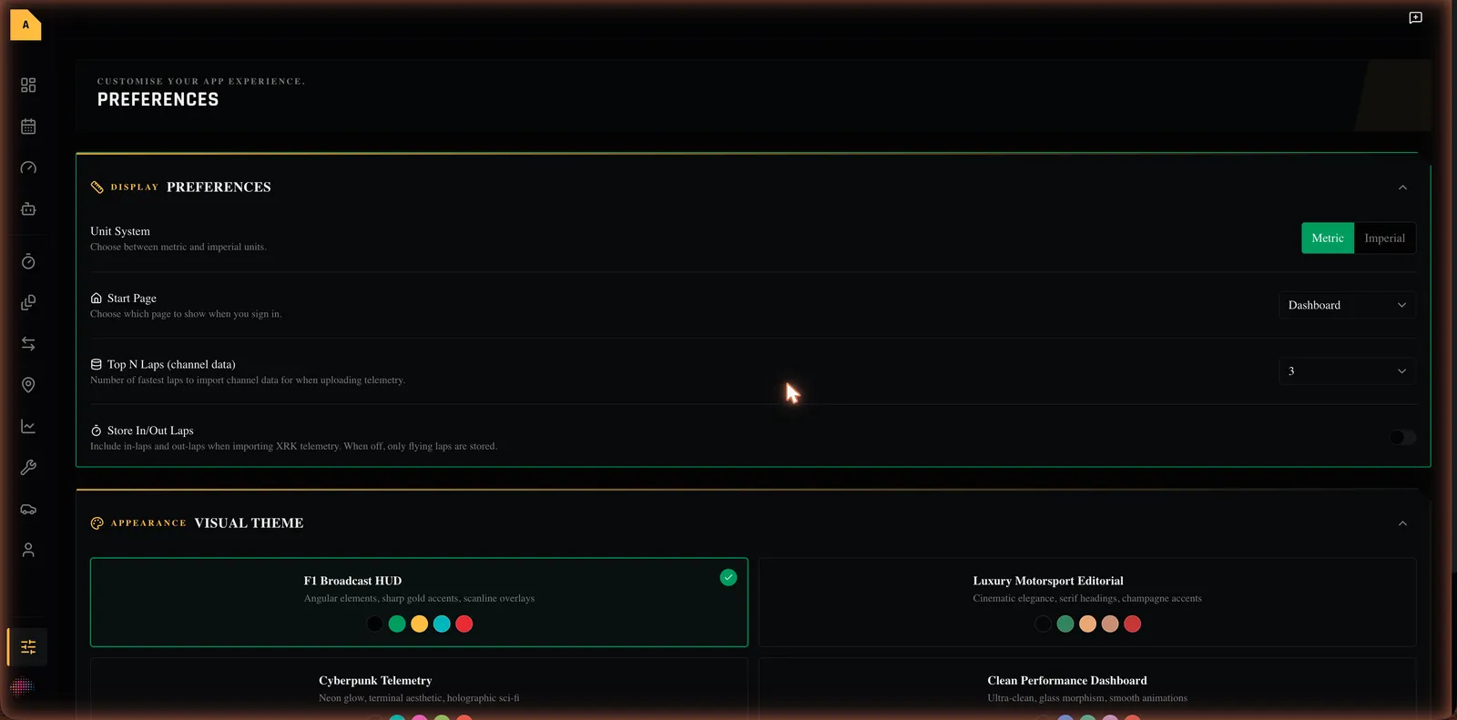 The Preferences page Display section — Unit System, Start Page, Top N Laps and Store In/Out Laps.