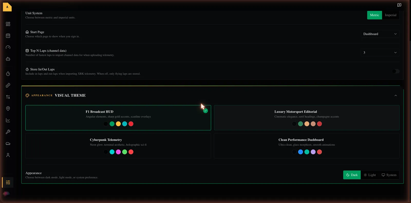 The Visual Theme picker with the four motorsport themes and the Dark / Light / System mode selector.