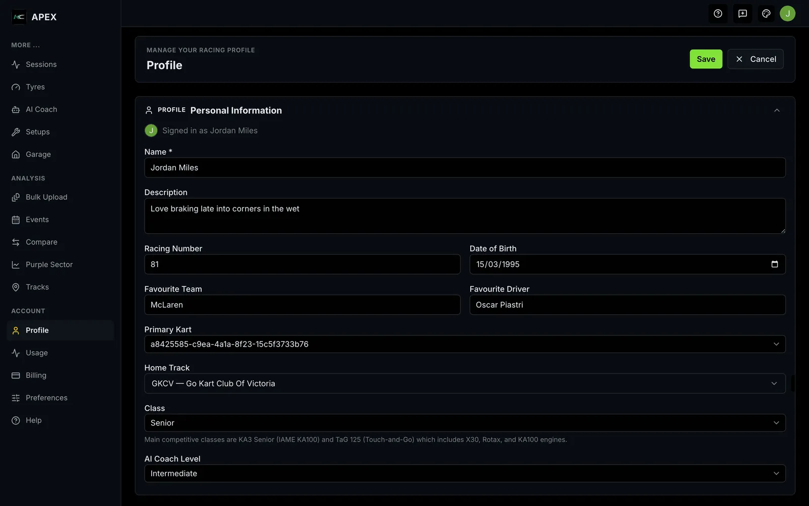 The Profile in edit mode with the editable fields — name, description, racing number, date of birth, favourite team and driver, primary kart, home track and class.