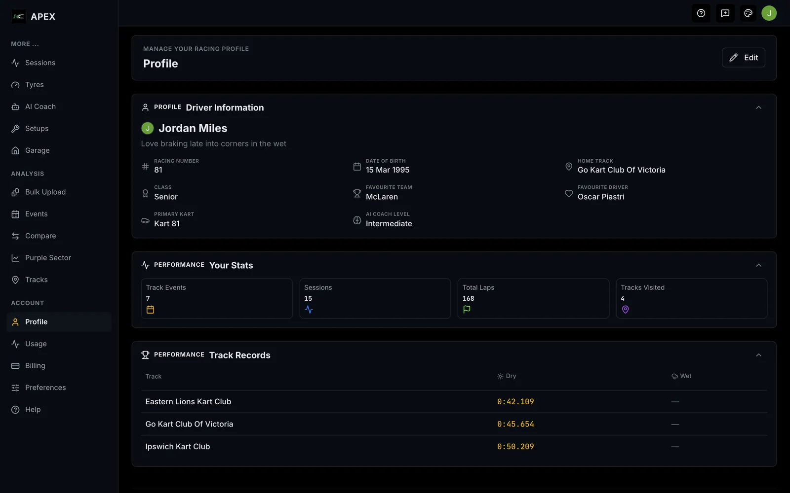 The Profile in view mode showing the Driver Information, Stats and Track Records for the demo driver Jordan Miles.