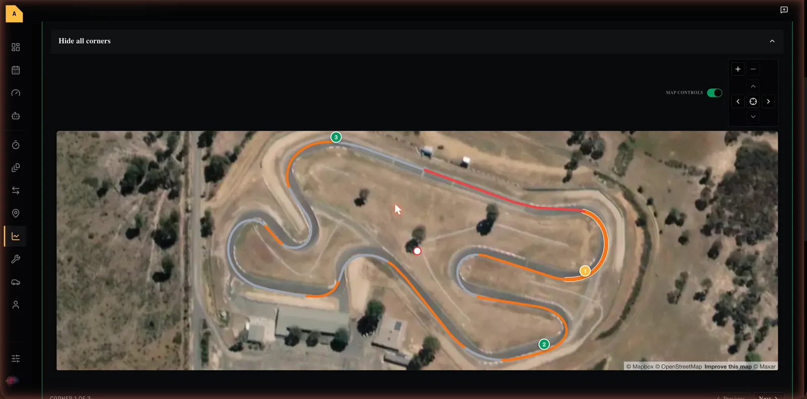 The Purple Sector corner map — a satellite view of the track with the problem corners highlighted and numbered.