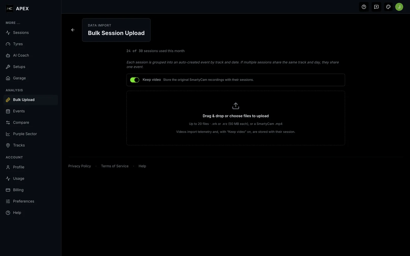 The Bulk Session Upload page with the drag-and-drop area for importing several telemetry files at once.