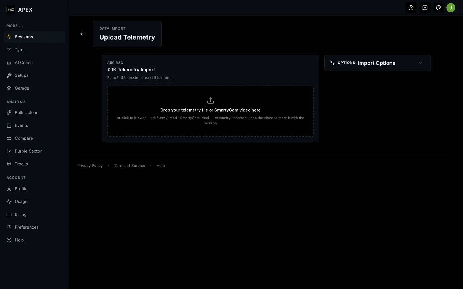 The single-file Telemetry Upload page with the XRK telemetry drop zone.