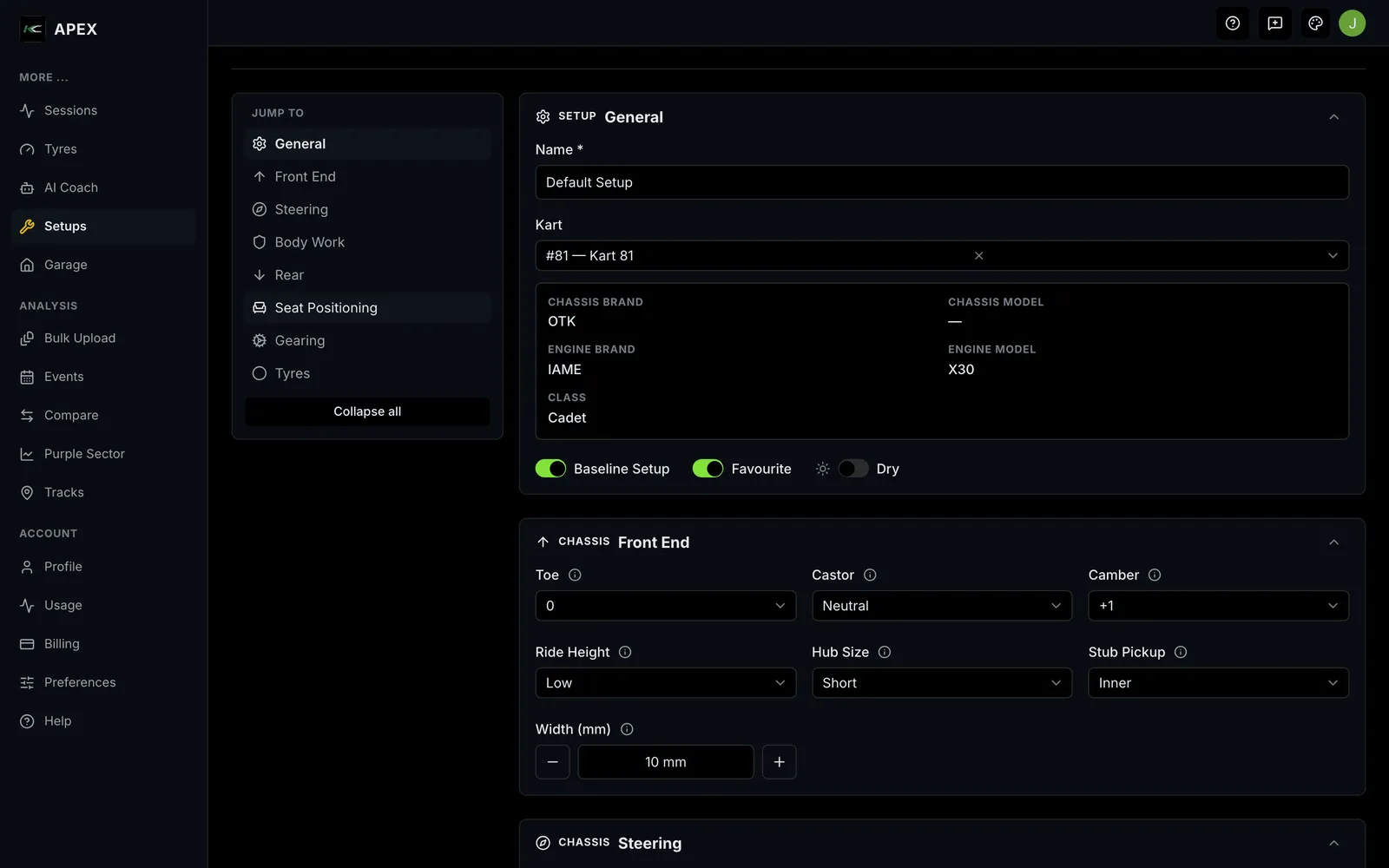 The New Setup form: the Jump-to section nav and the General section with name, kart, auto-filled chassis and engine details, and the Baseline, Favourite and Dry switches.