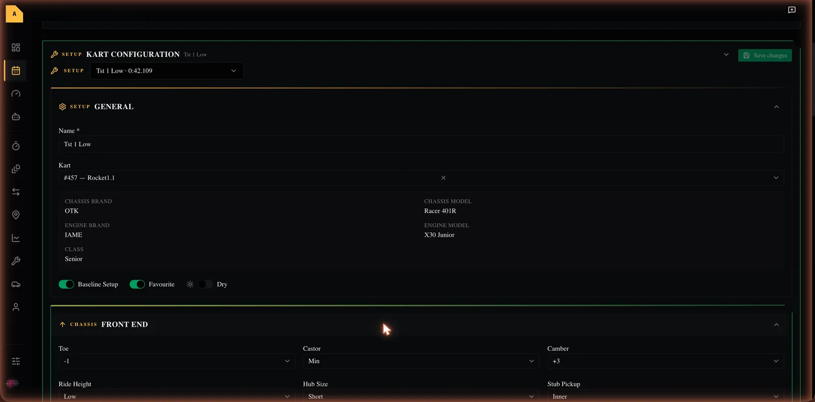 An event's Kart Configuration override card, with the setup selector and the General and Front End sections showing the resolved values you can override.