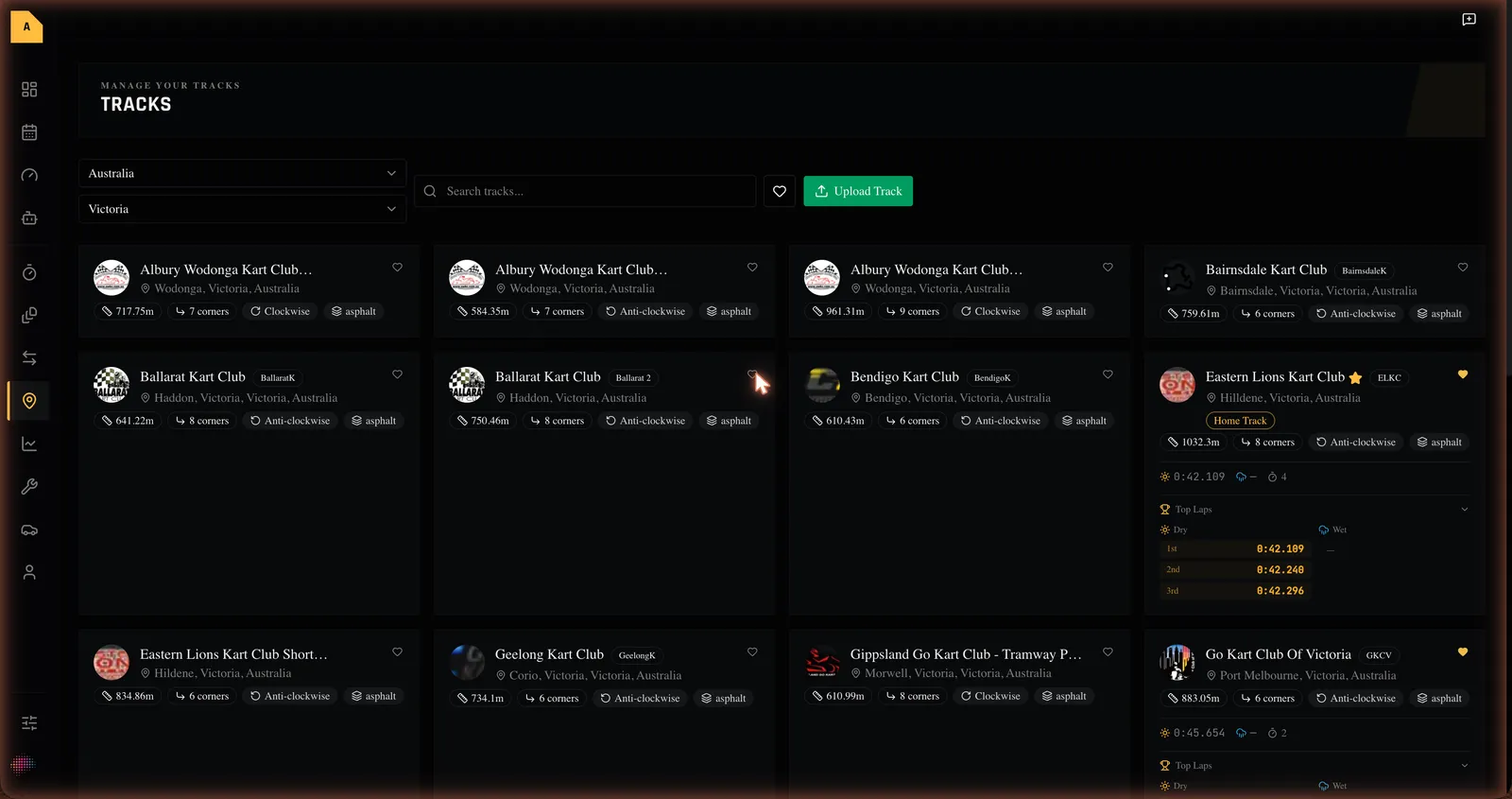 The Tracks list as a grid of track cards, with country, state, search and favourites filters across the top.