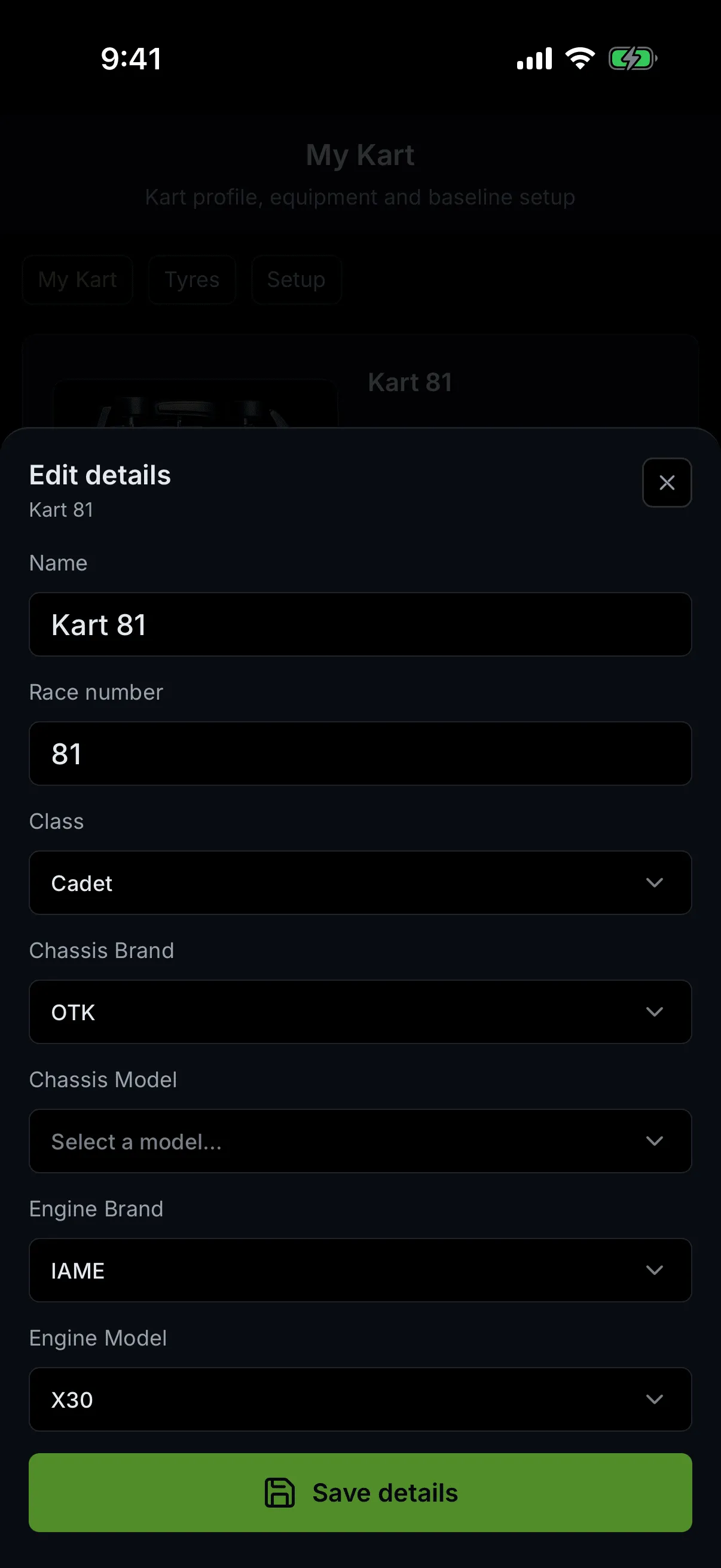 The Edit details sheet open over the My Kart profile screen, dimming it. The sheet is headed Edit details with the sub-heading Kart 81 and a close button. It lists Name holding "Kart 81", Race number holding 81, and five dropdowns — Class reading Cadet, Chassis Brand reading OTK, Chassis Model reading "Select a model...", Engine Brand reading IAME and Engine Model reading X30. A green Save details button sits at the foot of the sheet.