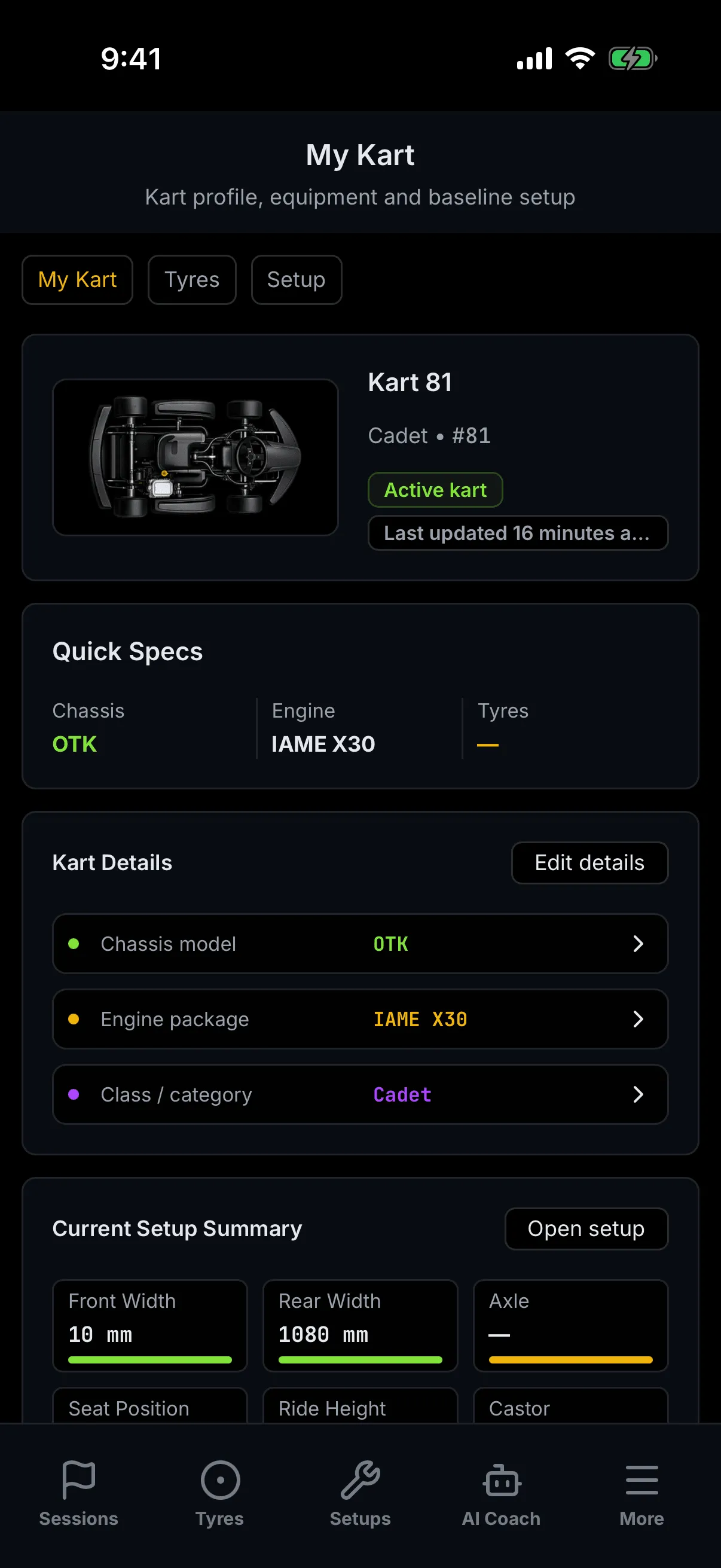 The trackside My Kart profile screen on a phone. A centred header reads My Kart over the line "Kart profile, equipment and baseline setup". Under it a row of three chips — My Kart, Tyres and Setup — with My Kart highlighted in amber. Below that the kart profile card shows a top-down kart image beside the name Kart 81, the line "Cadet • #81", a green "Active kart" badge and a "Last updated" chip. Under it the Quick Specs card lists Chassis OTK, Engine IAME X30 and Tyres, and the Kart Details and Current Setup Summary cards continue below the fold. The bottom tab bar reads Sessions, Tyres, Setups, AI Coach, More, with none of them selected.
