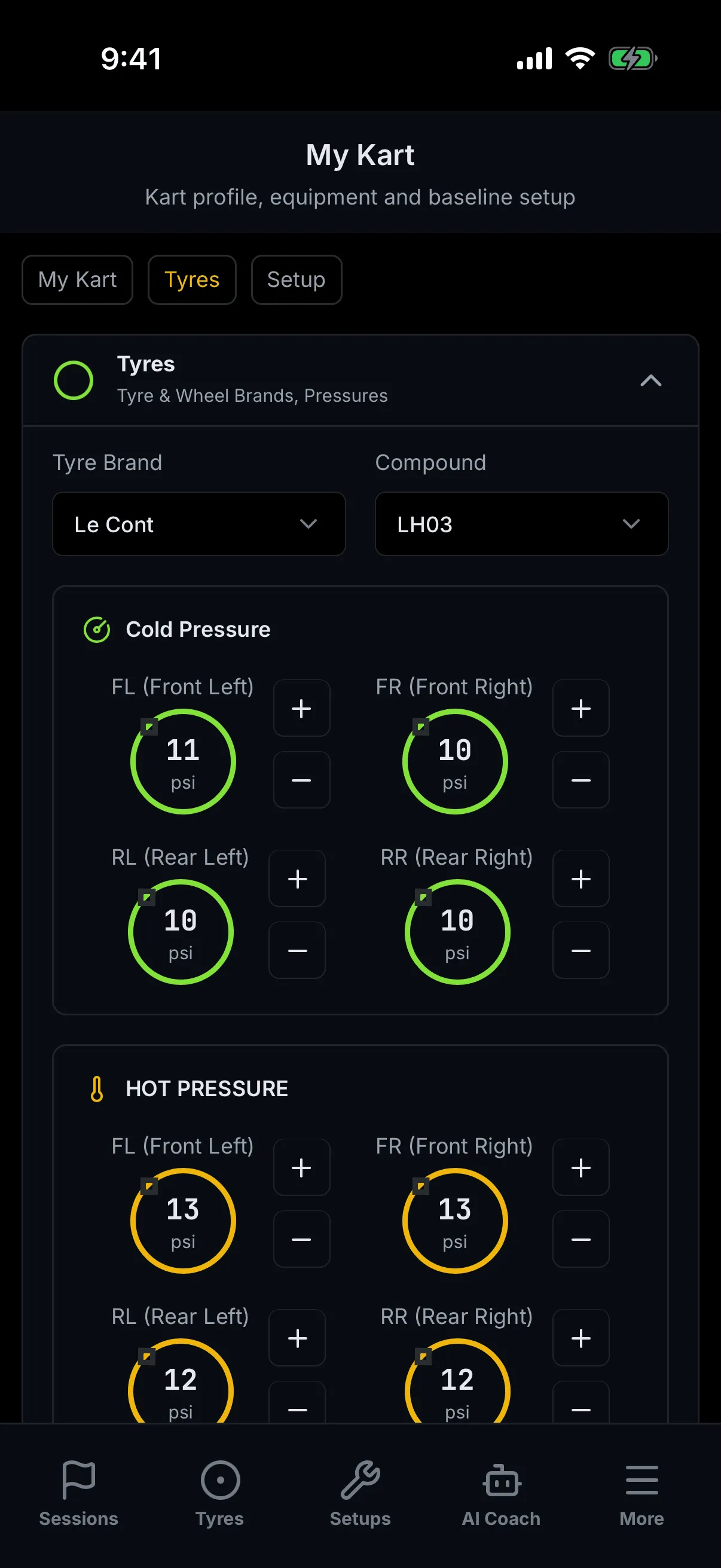 The Tyres chip on the trackside My Kart screen. The header and the three chips are unchanged, with Tyres now highlighted. Below them an expanded Tyres section headed "Tyre & Wheel Brands, Pressures" holds two dropdowns — Tyre Brand reading Le Cont and Compound reading LH03 — then a Cold Pressure block of four circular gauges labelled FL, FR, RL and RR reading 11, 10, 10 and 10 psi, each with a plus and a minus button, and below it a Hot Pressure block of four amber gauges reading 13, 13, 12 and 12 psi.