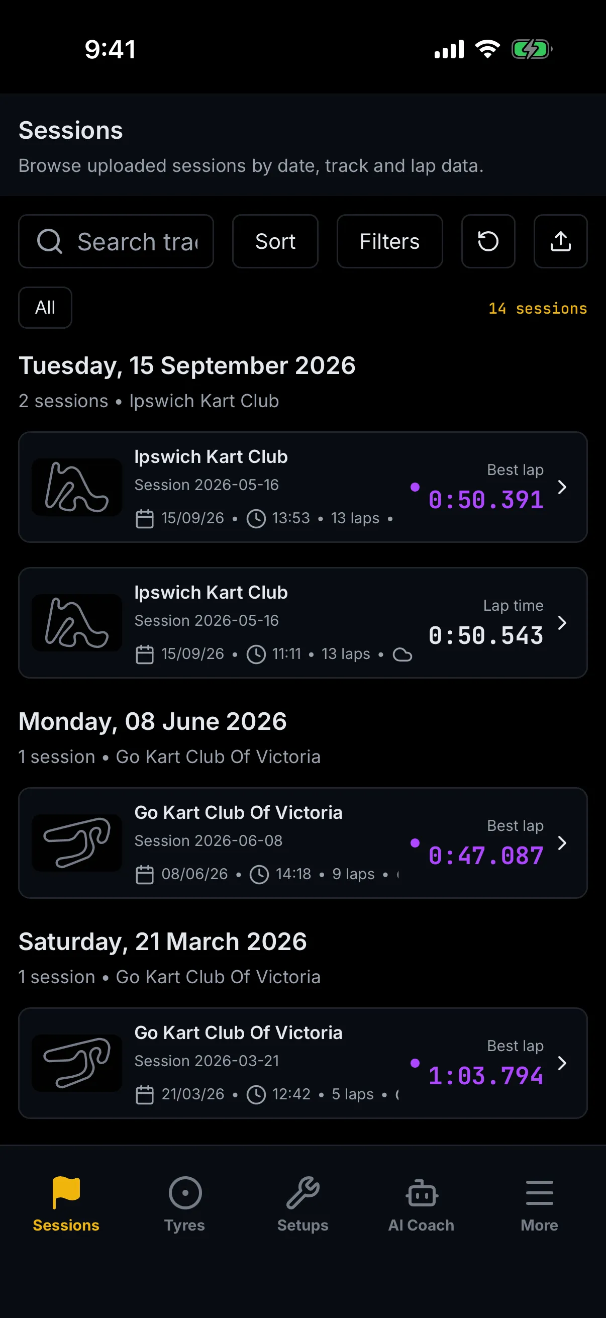 The trackside sessions list: a toolbar with a search field, Sort, Filters, a refresh button and an upload button; an All chip with "14 sessions" beside it; and date groups for Tuesday, 15 September 2026 (2 sessions at Ipswich Kart Club), Monday, 08 June 2026 and Saturday, 21 March 2026, each holding session cards with a track-layout thumbnail, the track name, the date, the time, the lap count and either a purple Best lap time or a white Lap time.