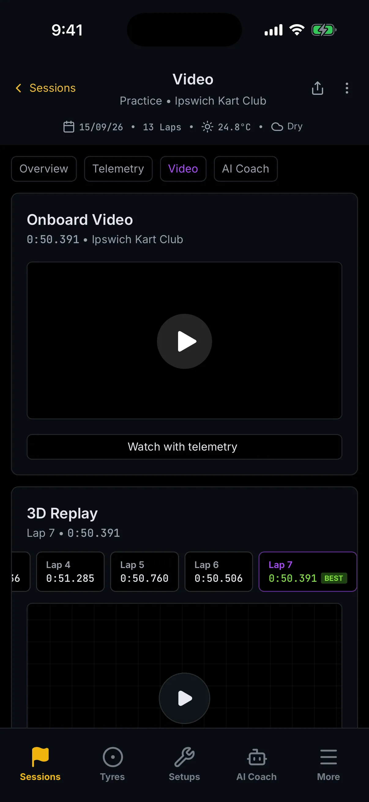 The trackside Video screen for the Ipswich session: an Onboard Video card subtitled 0:50.391 • Ipswich Kart Club with a player and a play button, a full-width Watch with telemetry button beneath it, and below that the 3D Replay card subtitled Lap 7 • 0:50.391 with a horizontal lap rail in which Lap 7 at 0:50.391 is selected and badged BEST.