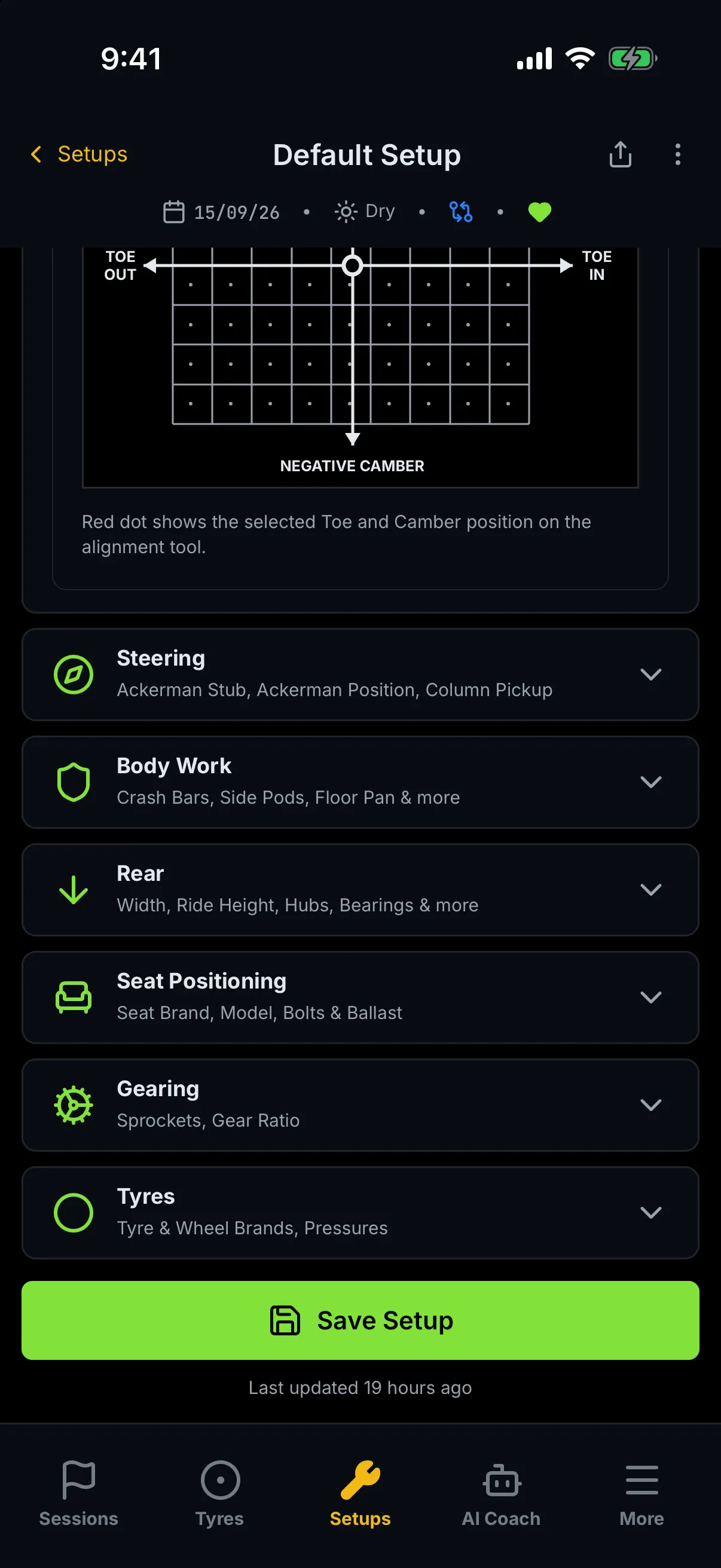 The foot of the setup editor: the tail of the Front End alignment grid with its caption, then the collapsed Steering, Body Work, Rear, Seat Positioning, Gearing and Tyres cards, then a full-width bright green Save Setup button with a save icon, and beneath it the caption "Last updated 19 hours ago".