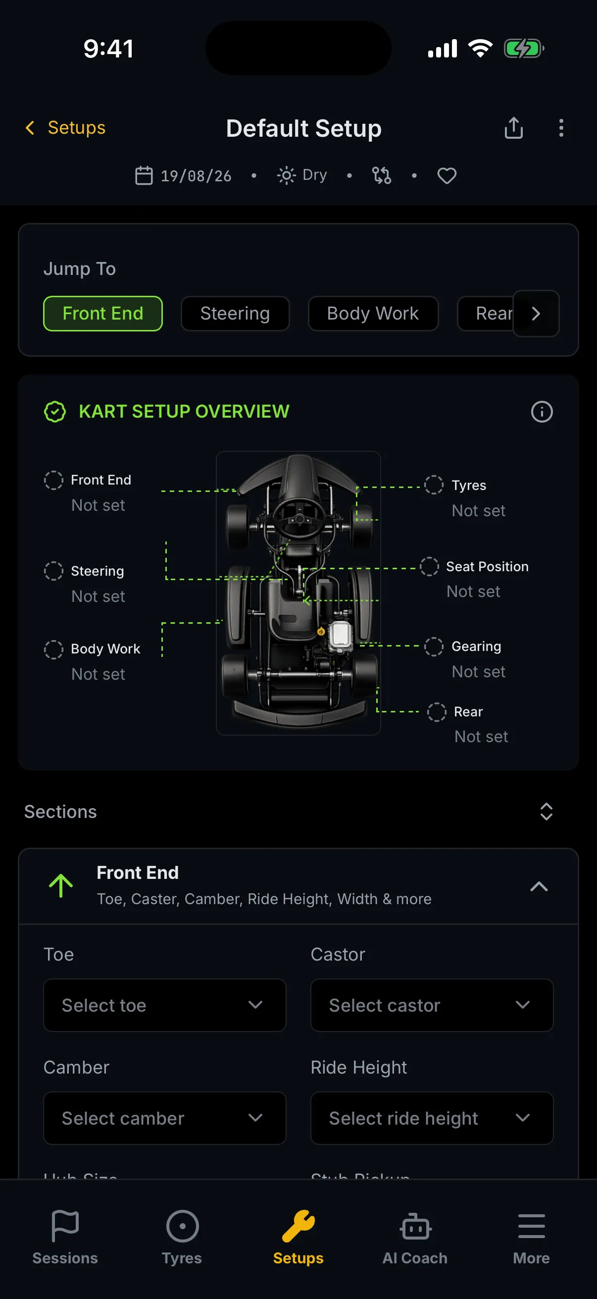 A setup editor showing a brand-new setup: the Kart Setup Overview reads Not set against all seven callouts, and the Front End section is expanded beneath it, showing the Toe, Castor, Camber and Ride Height dropdowns all reading their placeholders — Select toe, Select castor, Select camber and Select ride height — with Hub Size and Stub Pickup beginning below.