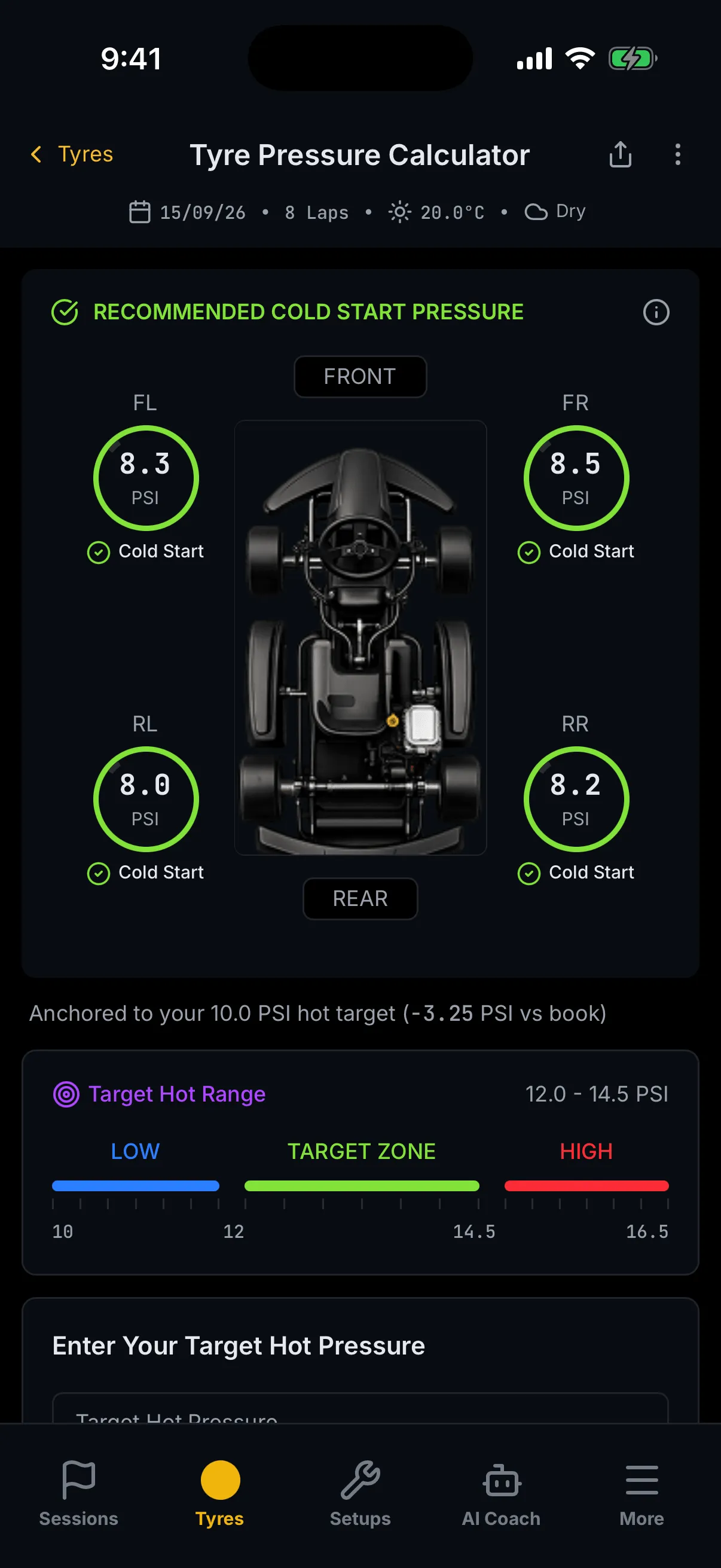 The same four rings recomputed from a driver-set target: 8.3, 8.5, 8.0 and 8.2 PSI, each marked Cold Start, above the line "Anchored to your 10.0 PSI hot target".