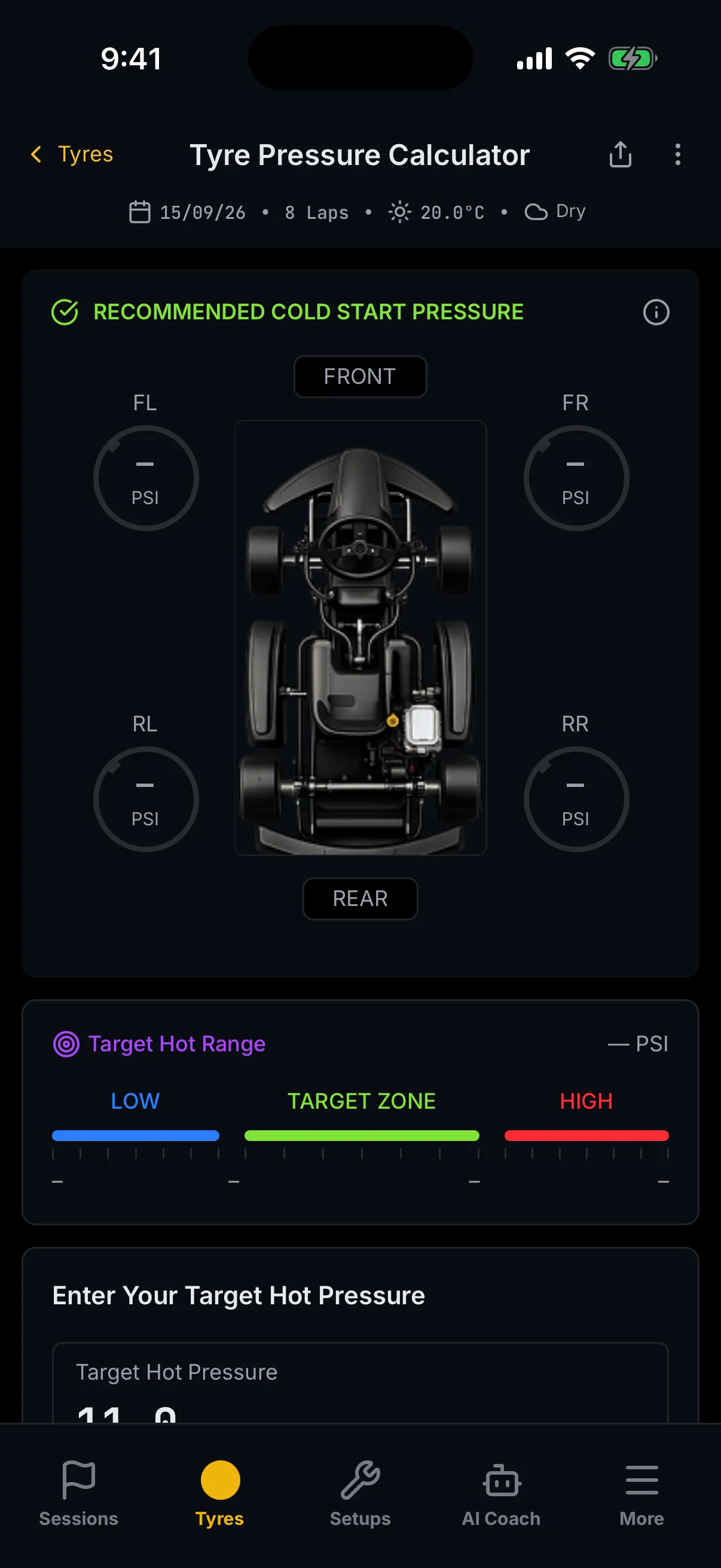 The trackside Tyre Pressure Calculator with no result yet: four corner rings each reading a dash, and the Target Hot Range showing an em dash instead of a PSI band.