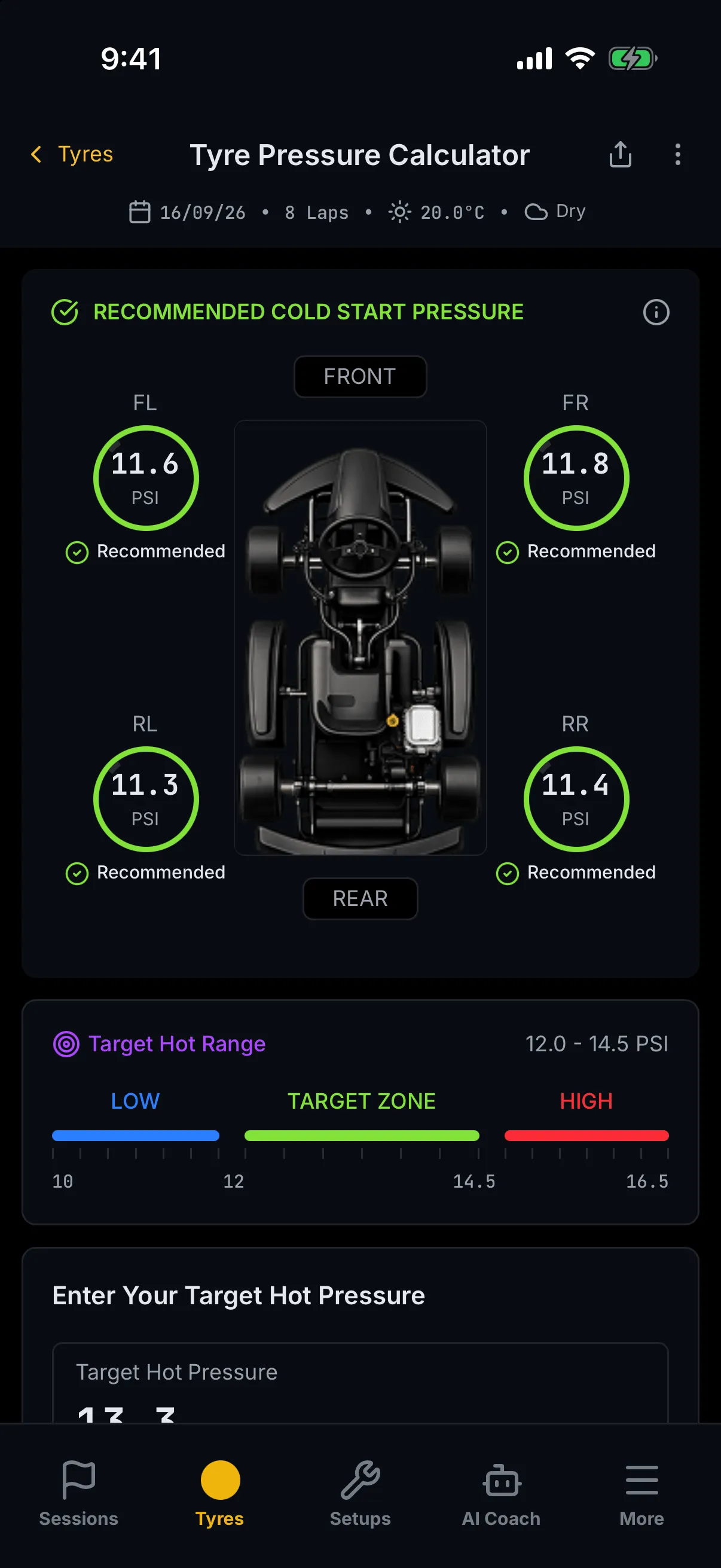 The recommended cold-start pressure card, its four rings reading 11.6, 11.8, 11.3 and 11.4 PSI and each marked Recommended beneath.