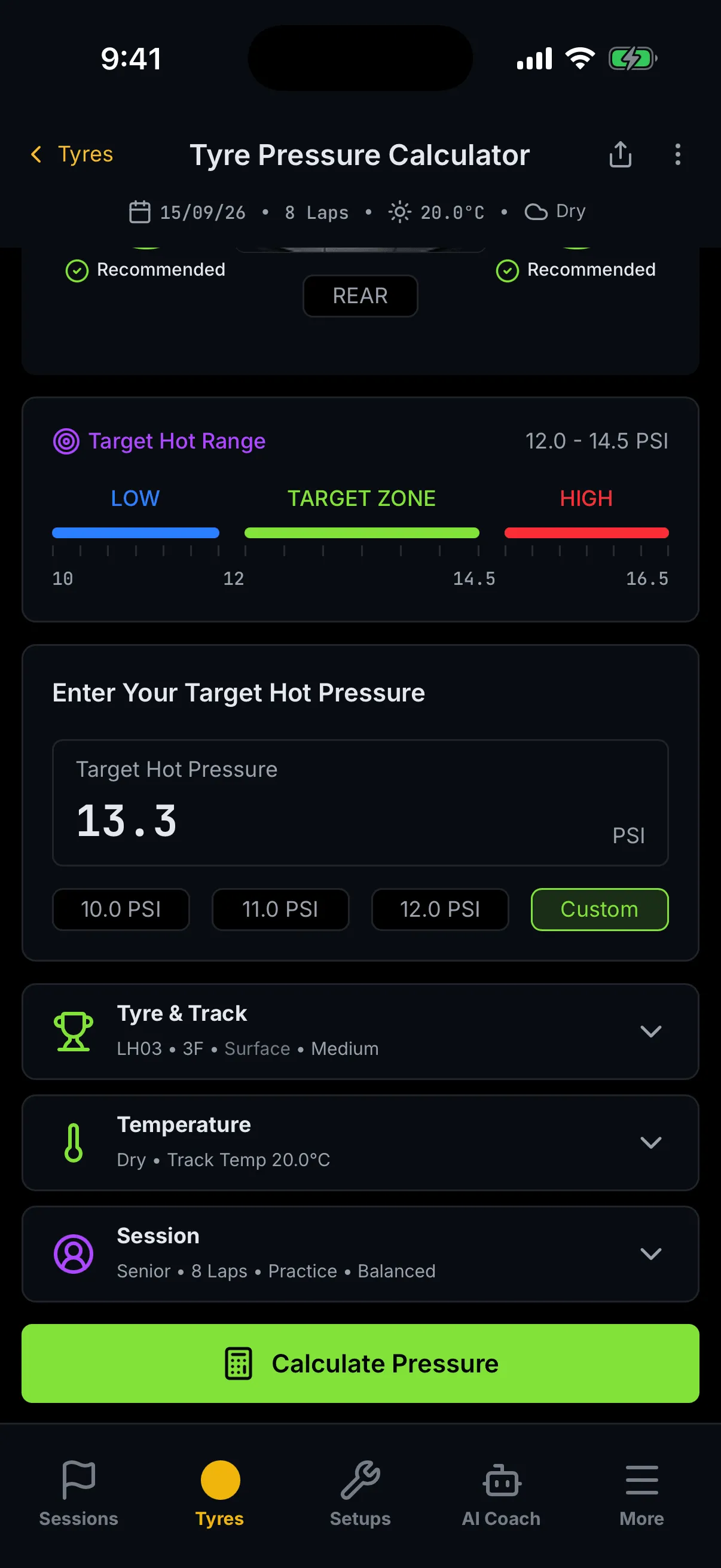 The trackside inputs filled in: a Target Hot Pressure of 13.3 PSI marked Custom, the Target Hot Range reading 12.0 to 14.5 PSI, and the Tyre and Track, Temperature and Session cards each summarising their values.