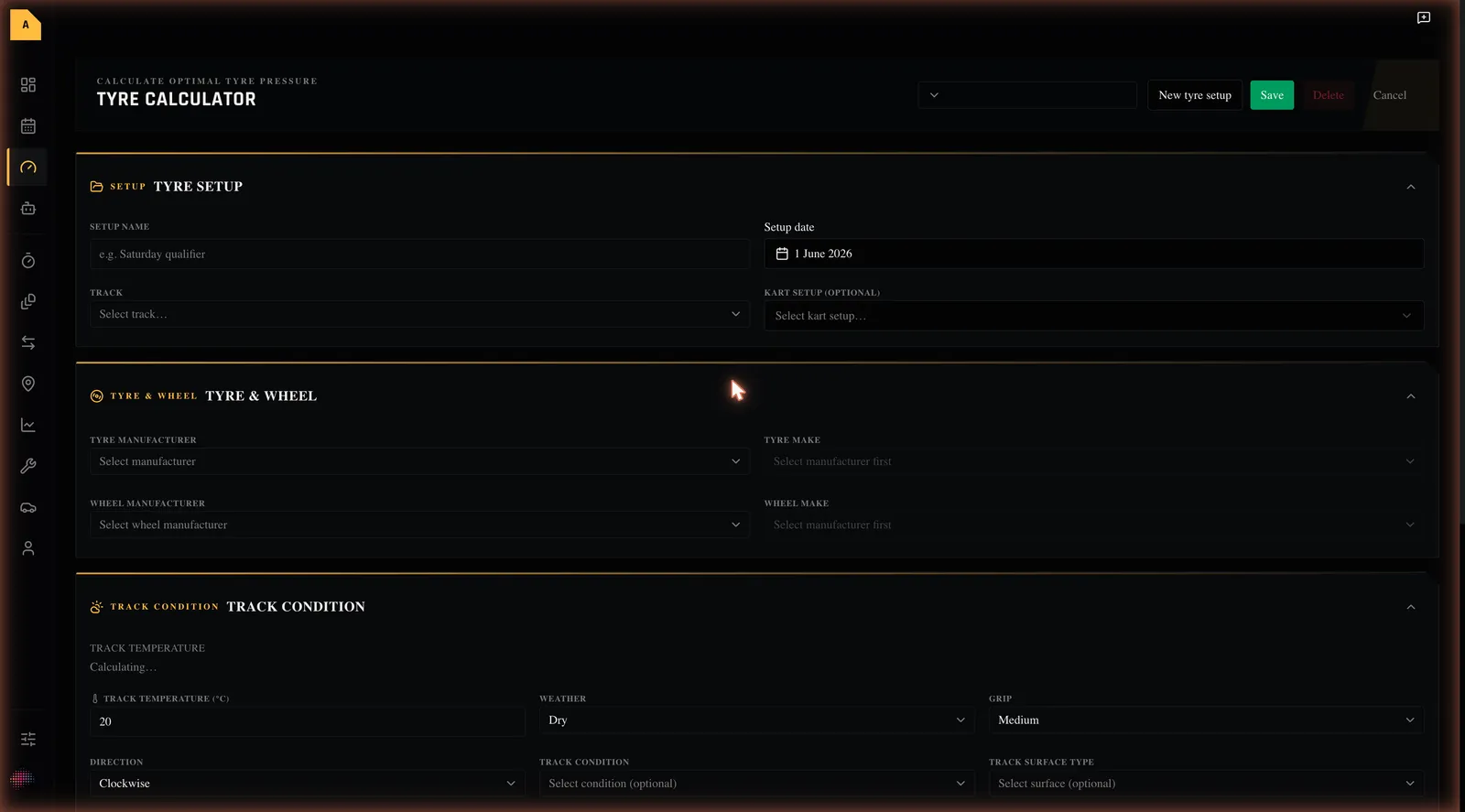 The Tyre Calculator page on first open, showing the saved-setup box and action buttons in the header and the four input cards below.