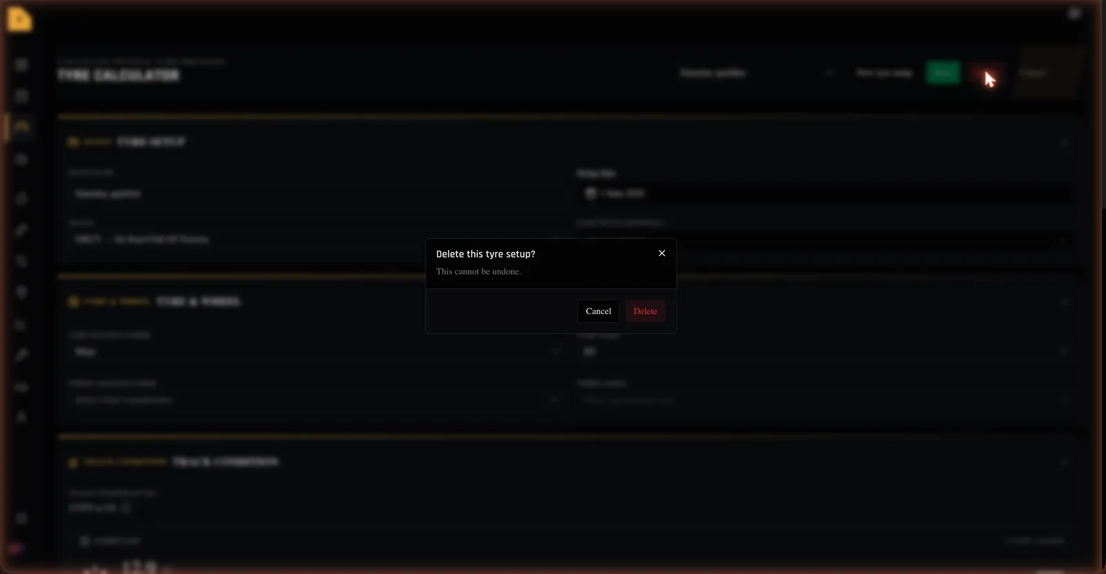 The delete confirmation dialog asking "Delete this tyre setup?".