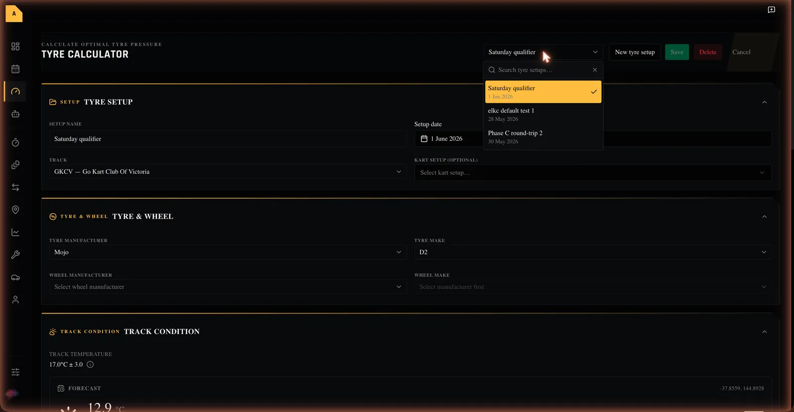 The saved-setup box open, listing the "Saturday qualifier" setup with its date.