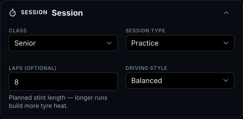 The Session card with Class, Session Type, Laps and Driving Style.