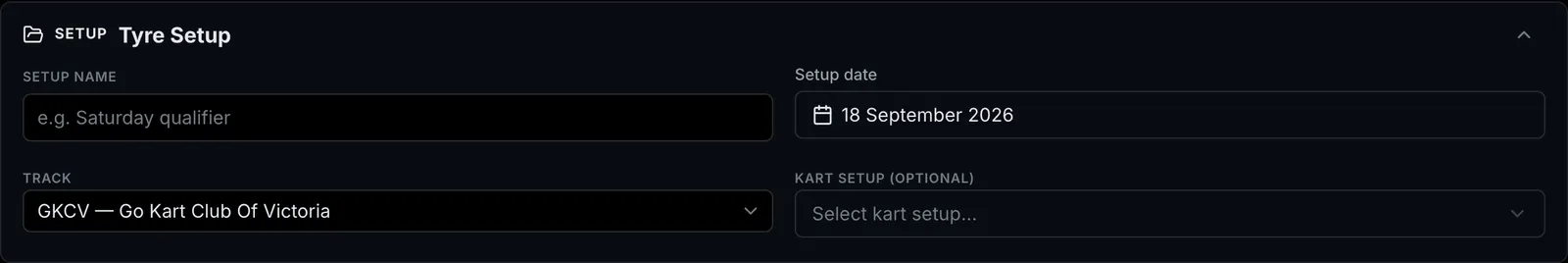 The Tyre Setup card with the Setup name, Setup date, Track and Kart setup fields.