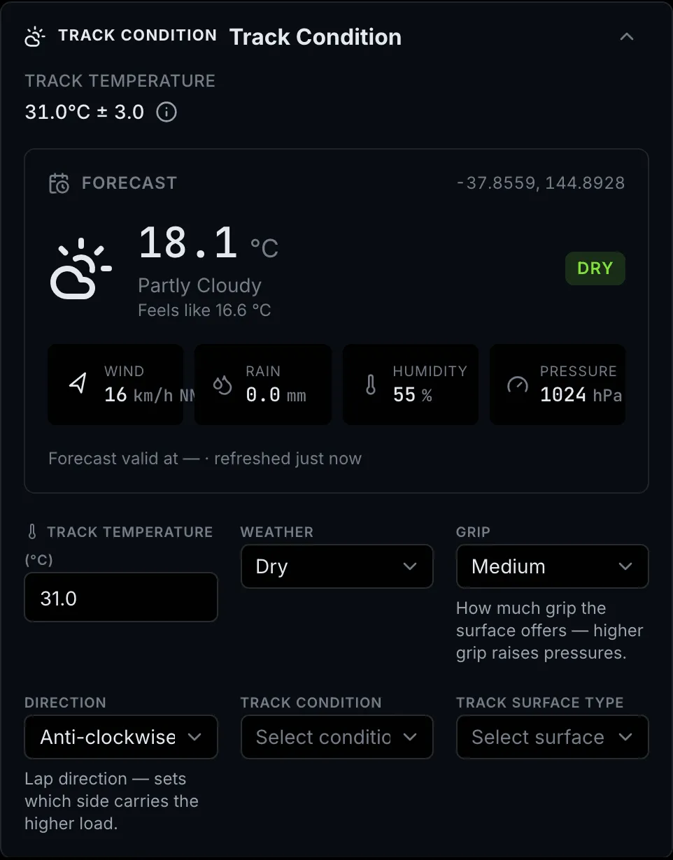 The Track Condition card with temperature, weather, grip and direction, plus two optional fields.