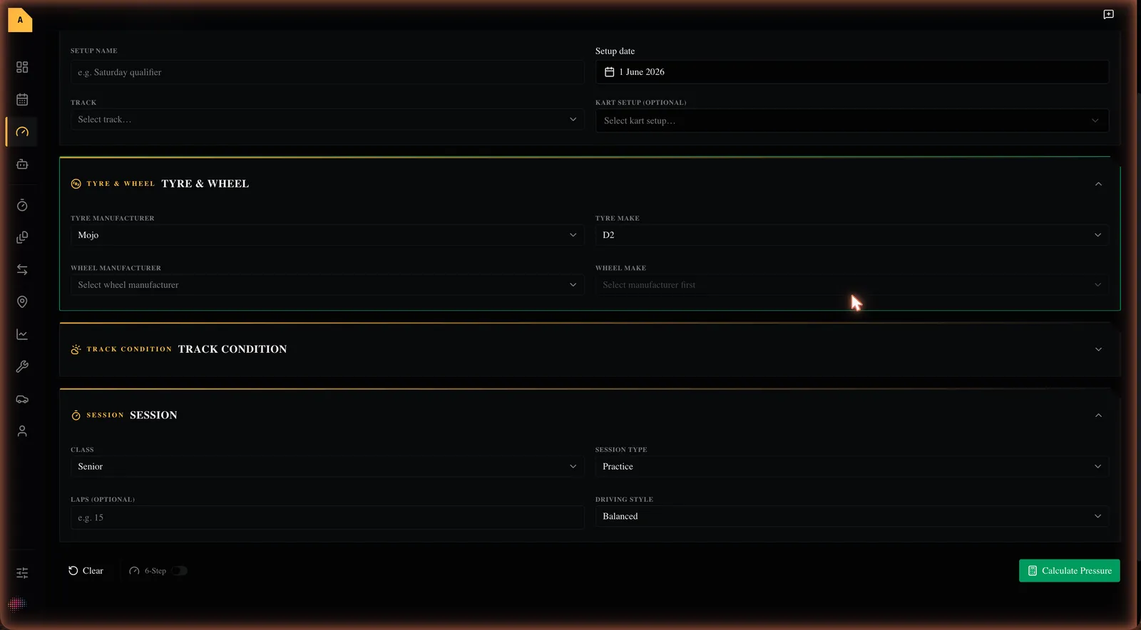 The Tyre & Wheel card with cascading manufacturer and make dropdowns.
